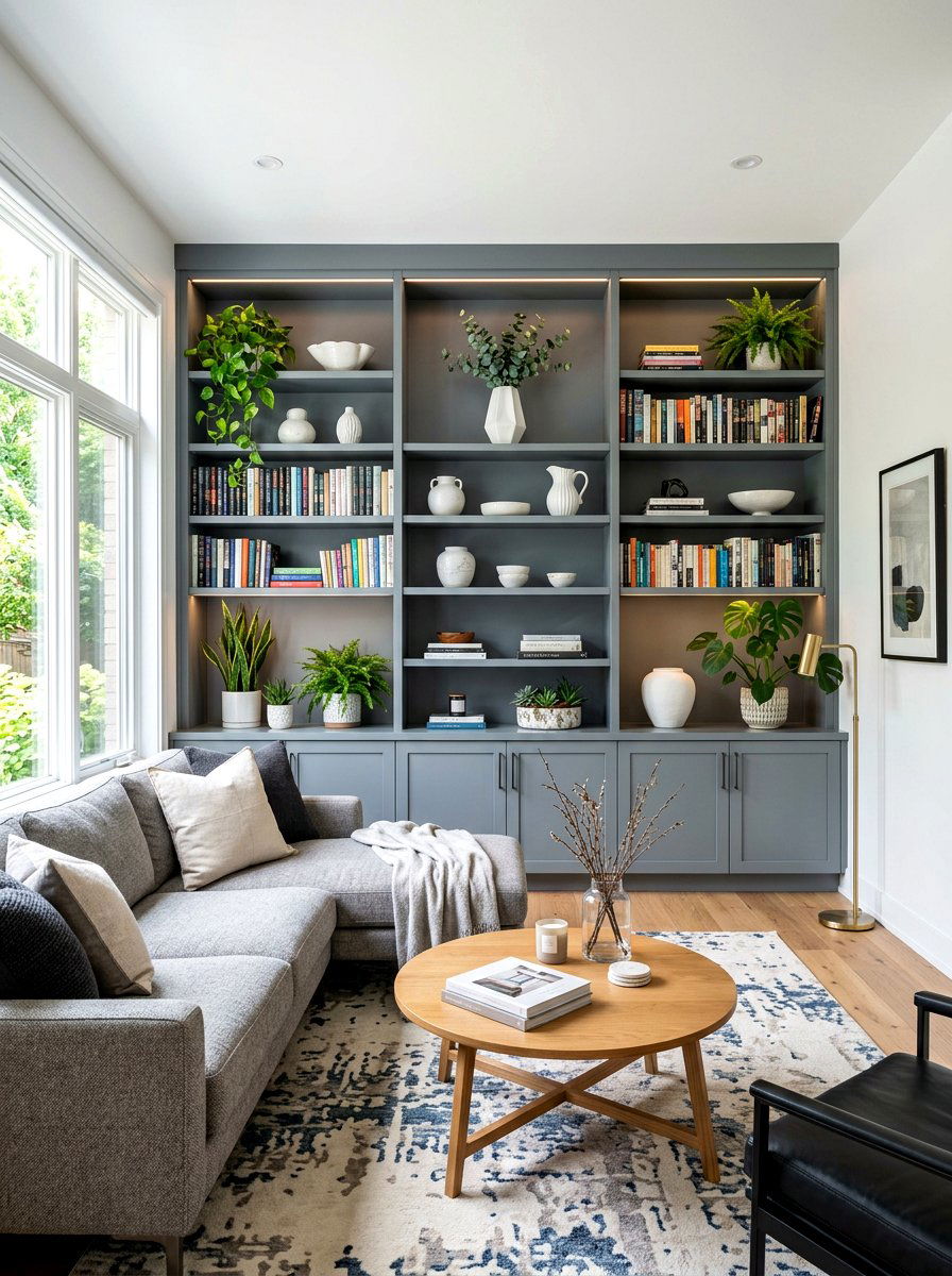 Steel Gray Living Room Built In Shelves - 30 steel gray living room ideas