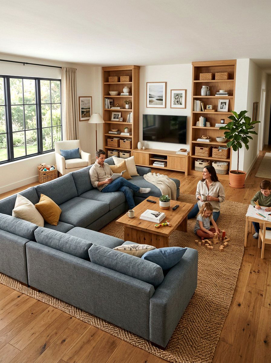 Steel Gray Sectional With Wood Accents - 30 steel gray living room ideas