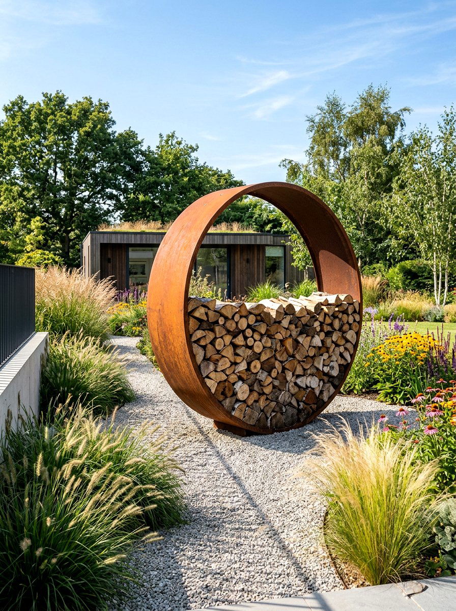 Steel Log Ring - 30 firewood rack ideas