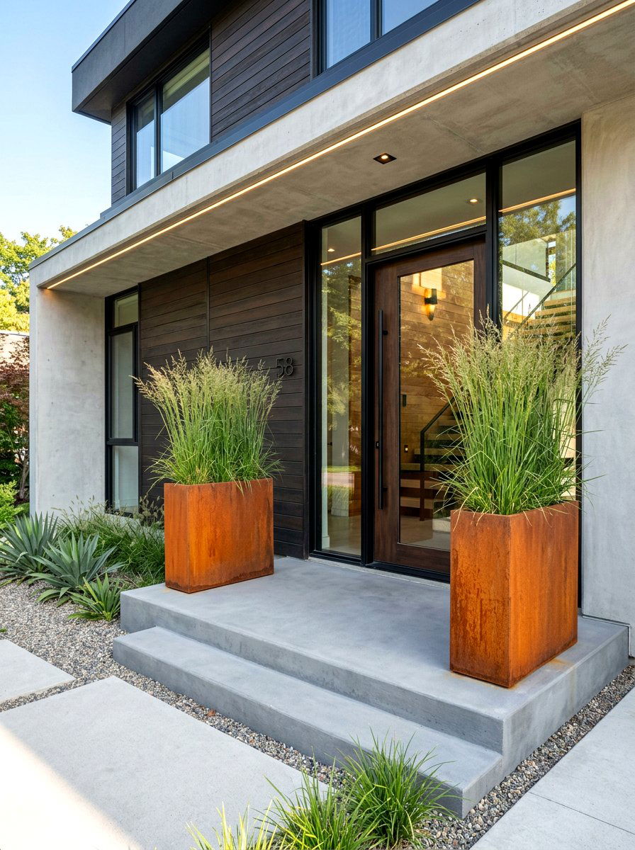 Steel Planters - 30 house entrance landscaping ideas