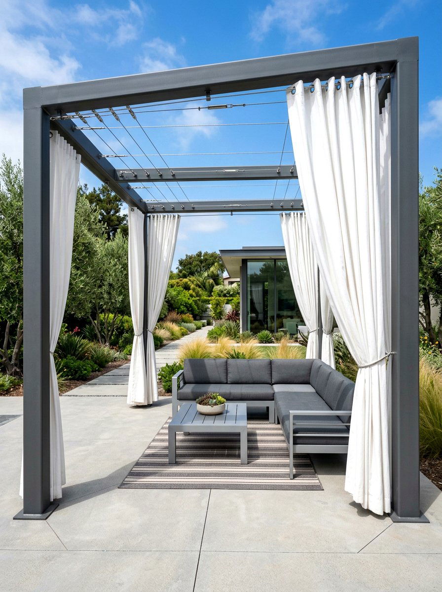 Steel cable pergola curtain kit - 30 pergola privacy curtain ideas