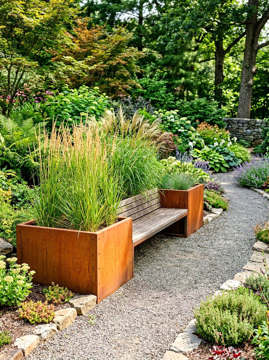 Steel planter bench - 30 patio bench with planter ideas