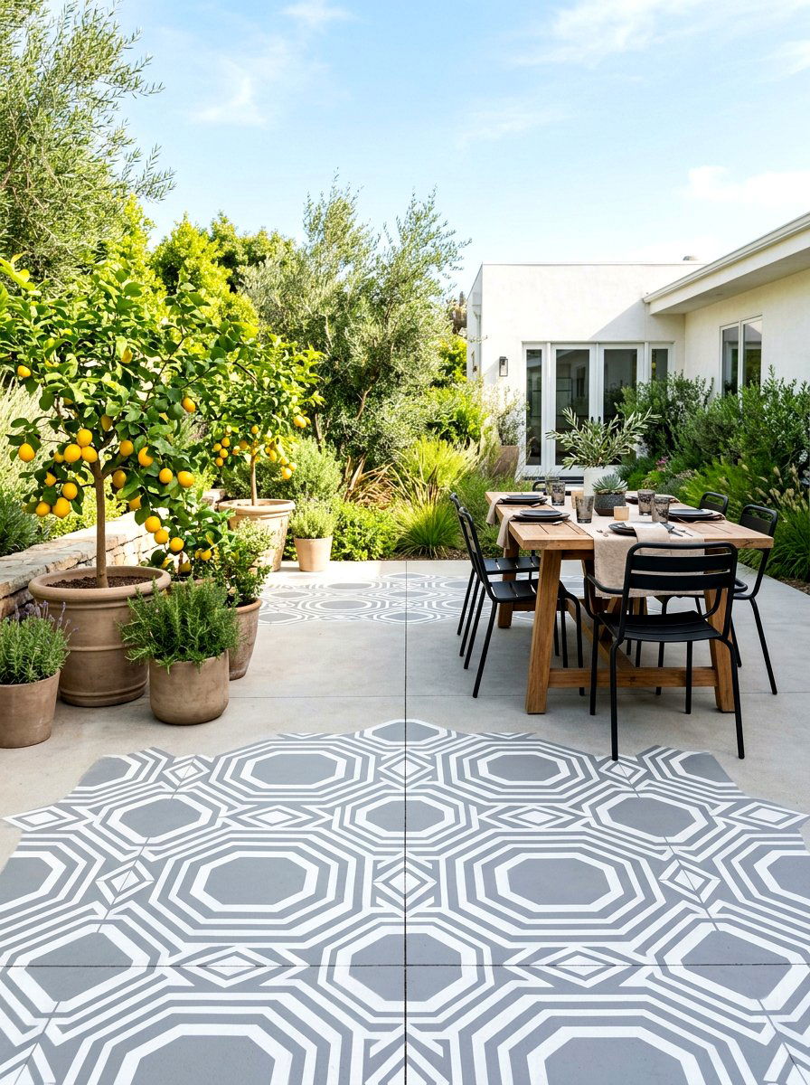Stenciled Concrete Patio - 30 budget patio ideas