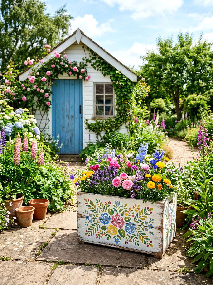 Stenciled Design Wood Box - 30 shed flower box ideas
