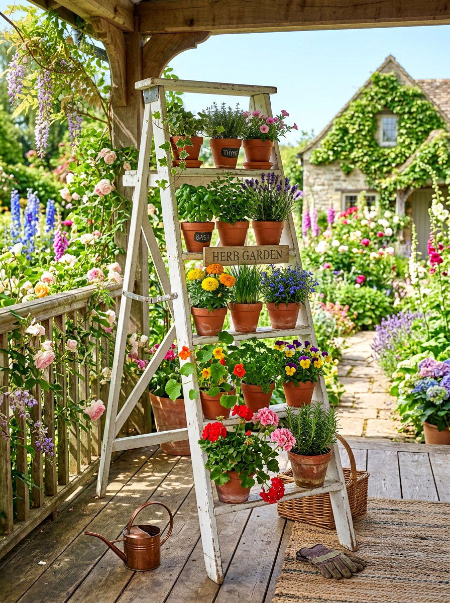 Step Ladder Plant Stand - 30 budget outdoor furniture ideas