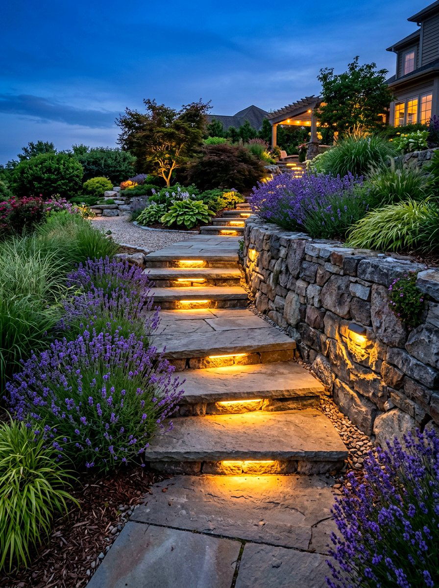 Step Light In Retaining Wall - 30 retaining wall lighting ideas