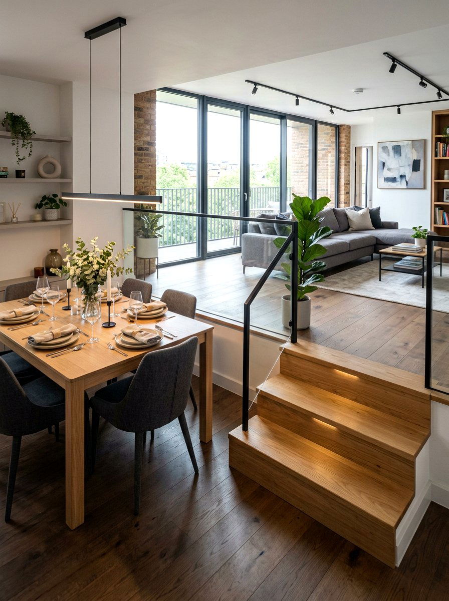 Step down dining areas - 30 broken floor plan apartment ideas