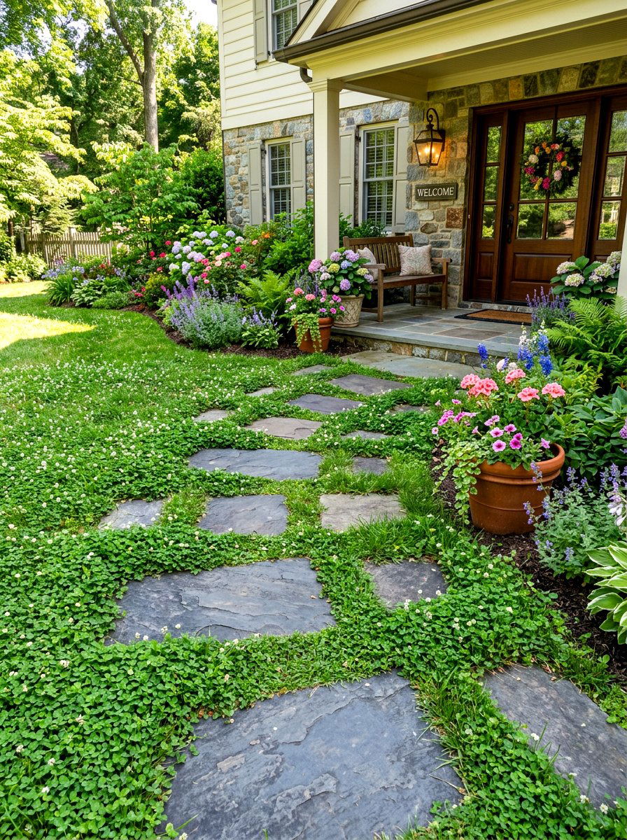 Stepping Stone Clover Path - 30 clover front lawn ideas