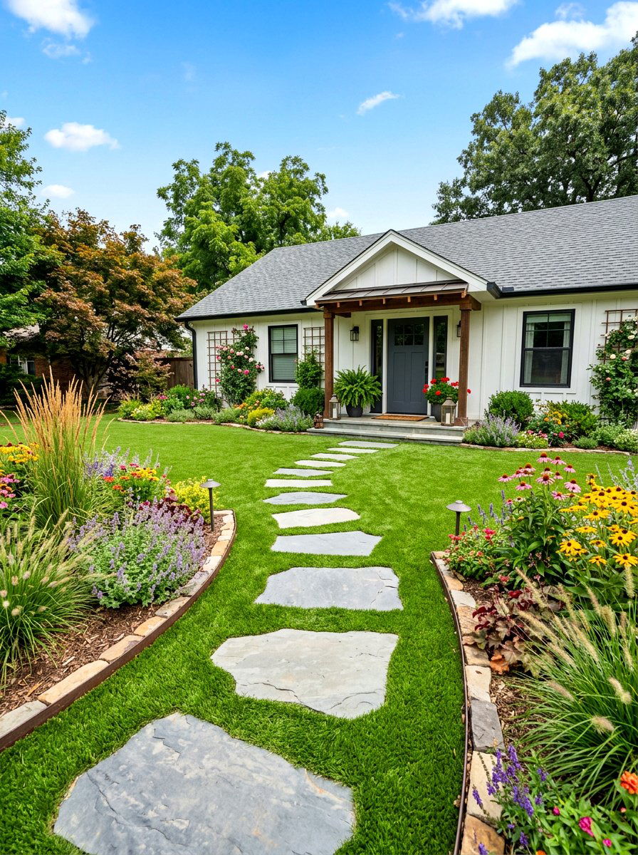 Stepping Stone Pathway - 30 artificial grass front yard ideas