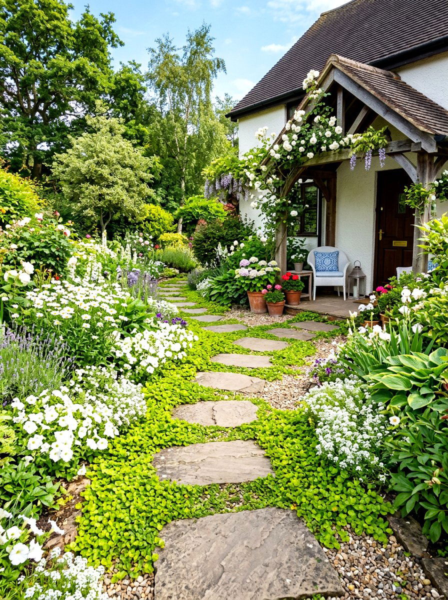 Stepping Stone Walkway - 30 no mow front yard ideas