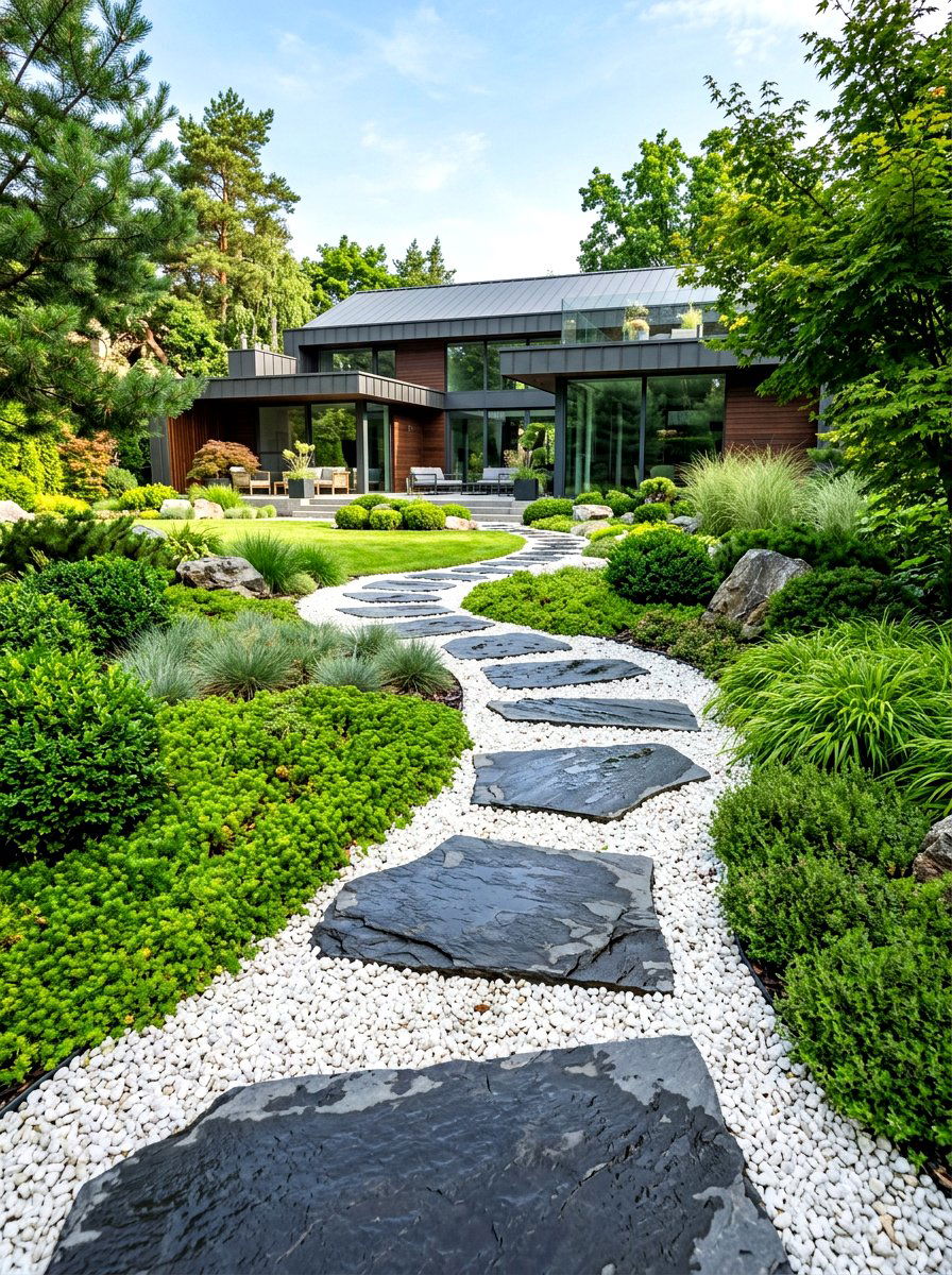 Stepping Stones In Gravel - 30 white gravel front yard ideas