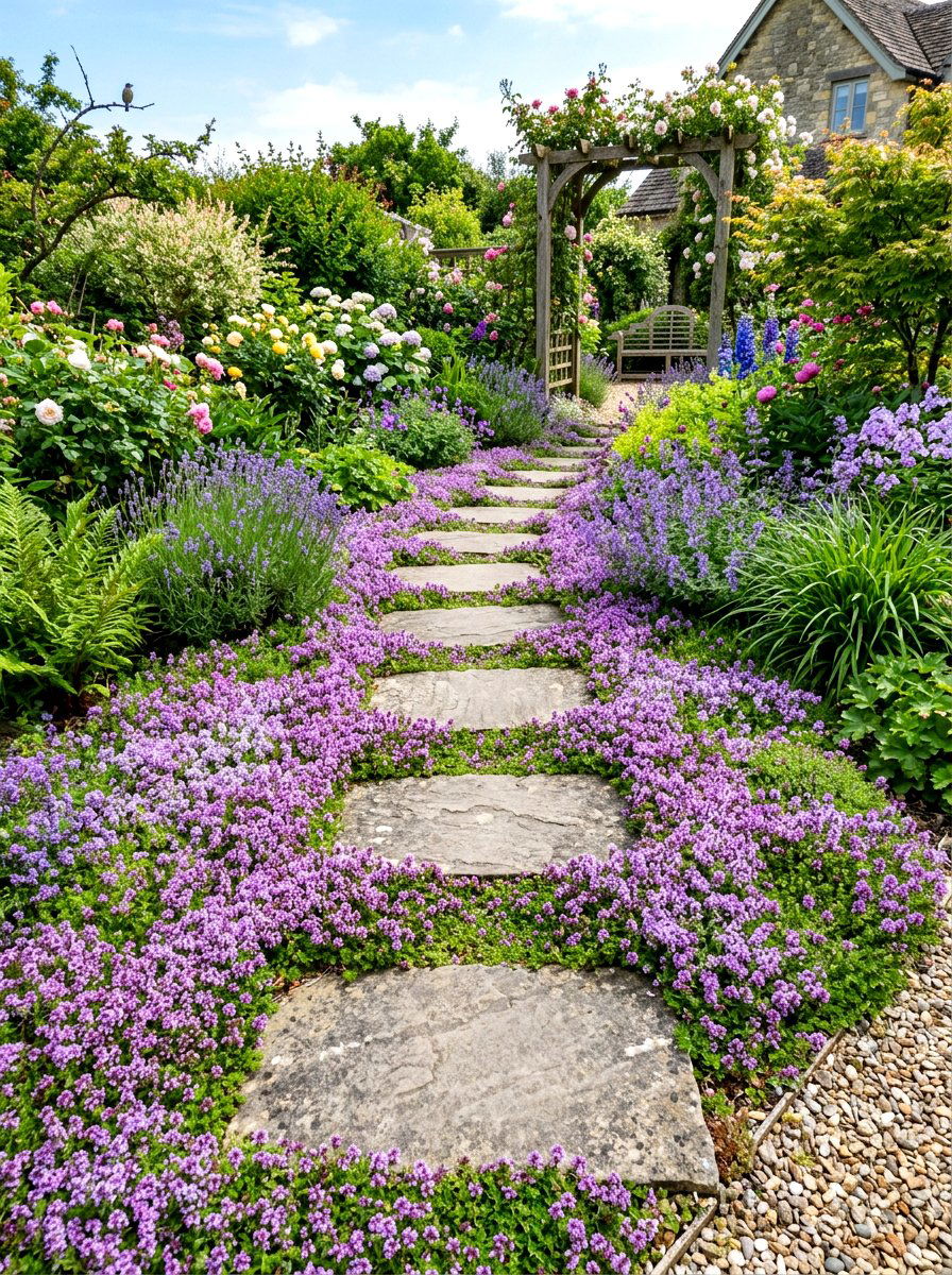 Stepping Stones Through Groundcover - 30 no grass backyard ideas