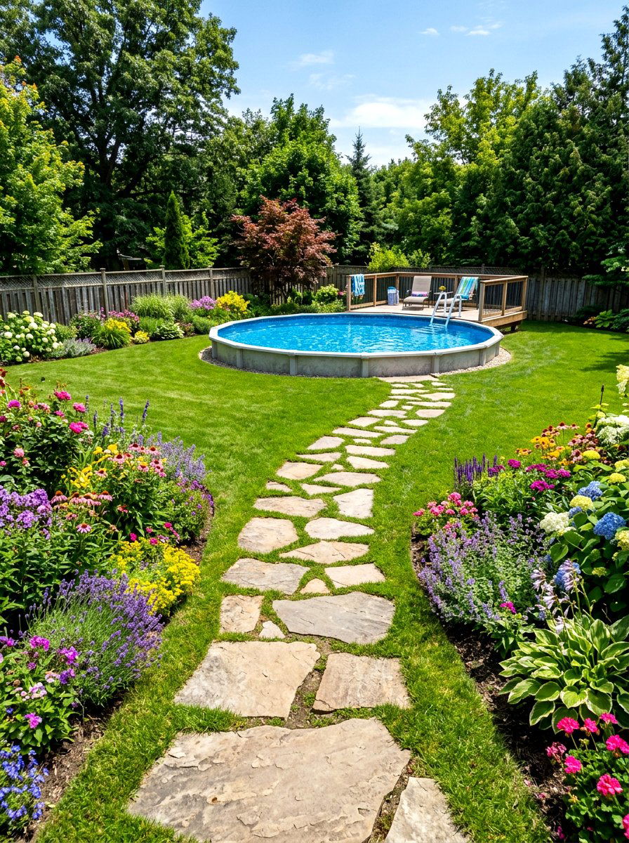 Stepping stone path to pool - 30 above ground pool ideas