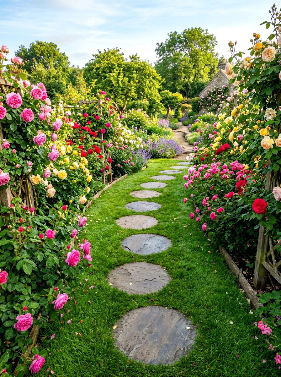 Stepping stone rose garden - 30 rose garden walkway ideas