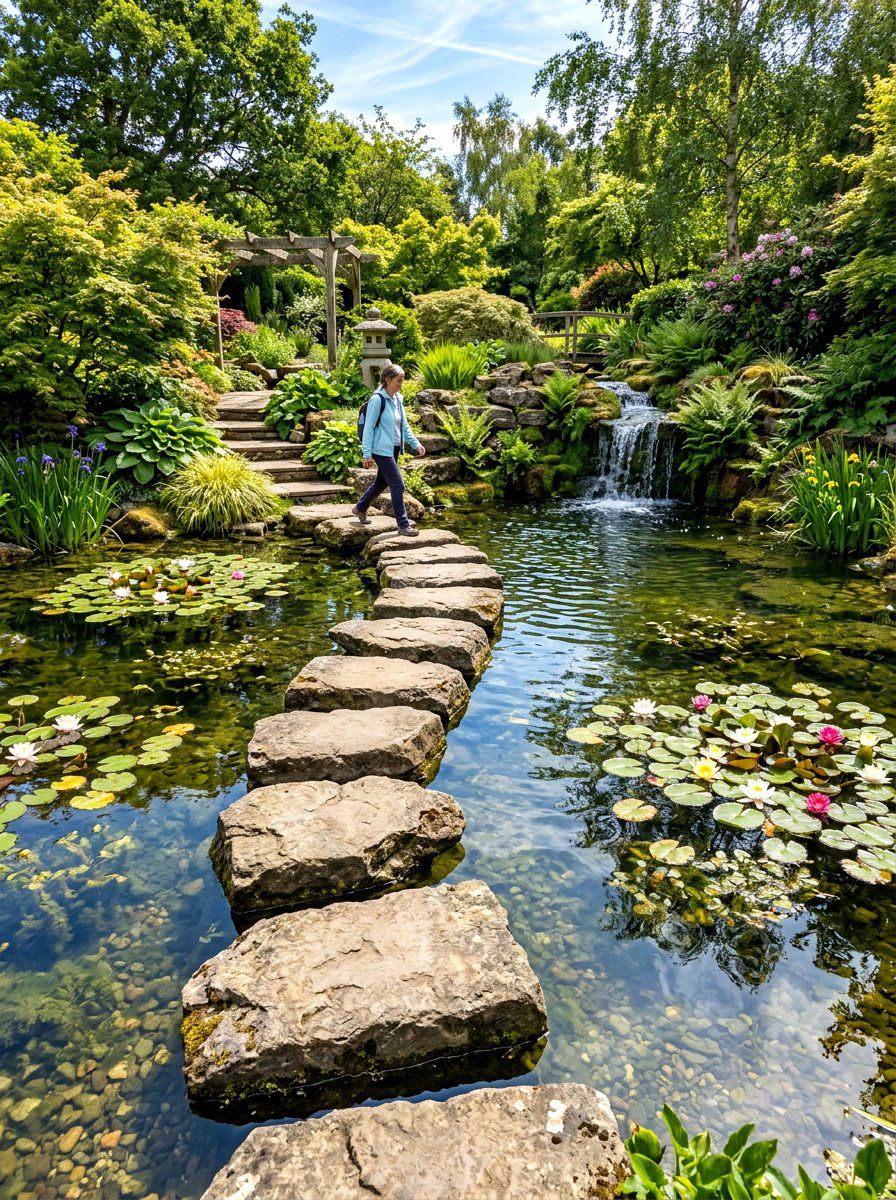 Stepping stones across garden pond - 30 secret path garden ideas