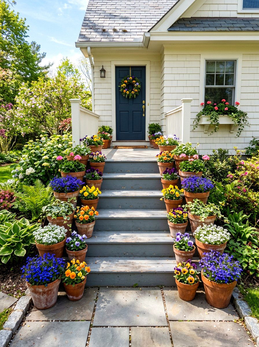 Steps with varying terracotta pots - 30 spring porch layering ideas