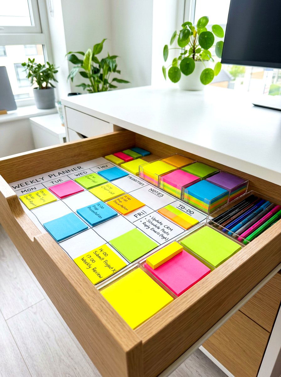 Sticky Note Command Center - 30 desk drawer organization ideas