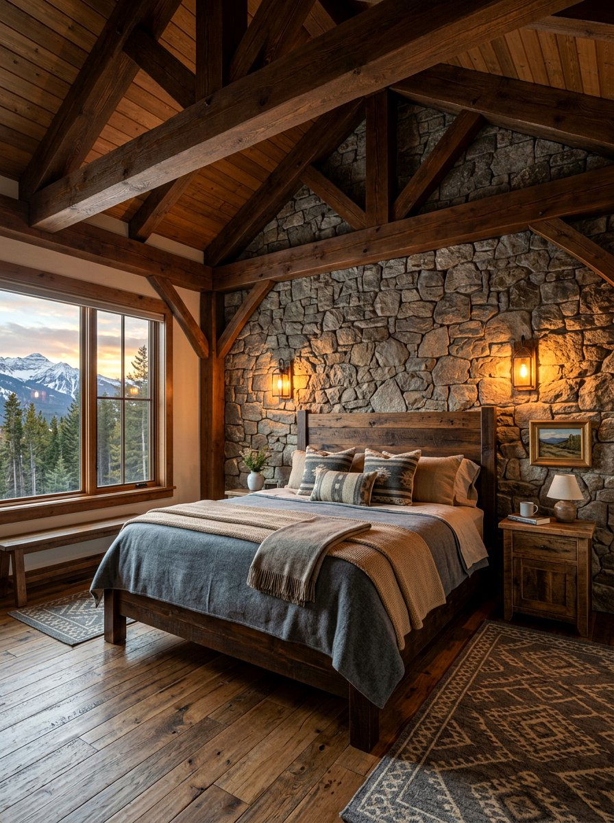 Stone Accent Cabin Bedroom - 30 cabin bedroom ideas