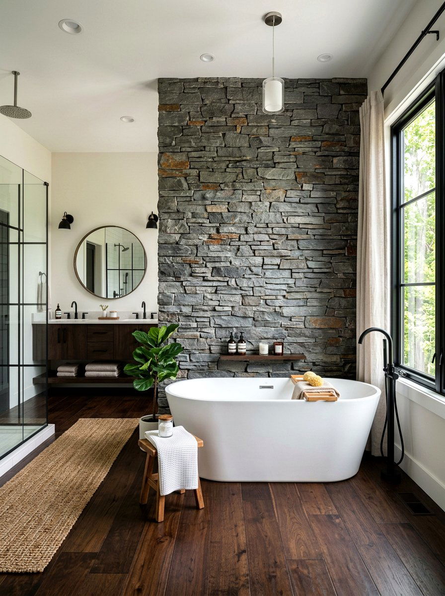 Stone Accent Wall - 30 master bathroom ideas
