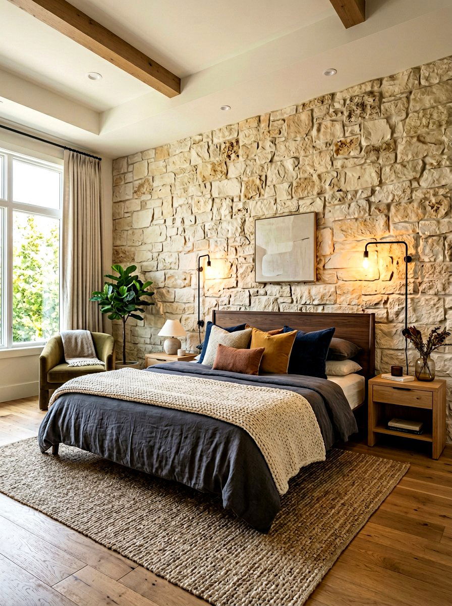 Stone Accent Wall Bedroom - 30 earthy minimalist bedroom ideas