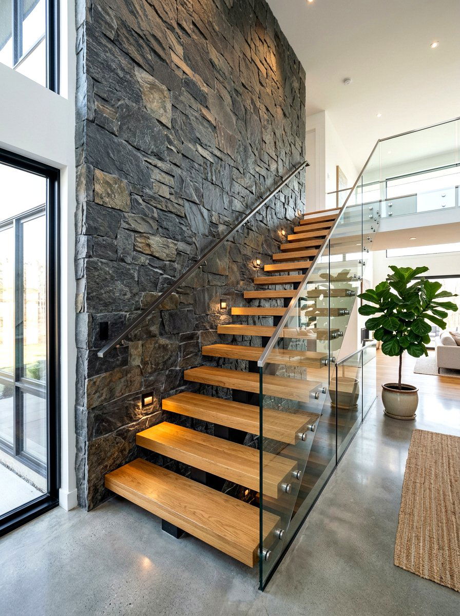 Stone Accent Wall Staircase - 30 elegant foyer staircase ideas