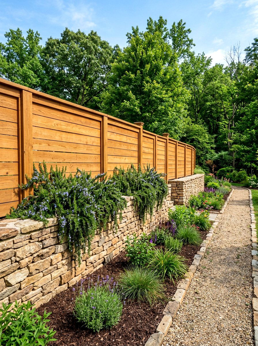 Stone And Wood Combination - 30 fence line landscaping ideas