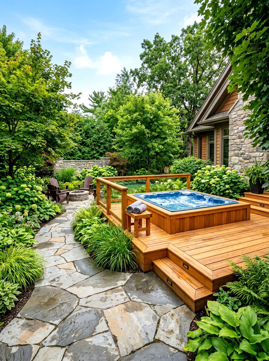 Stone And Wood Deck - 30 hot tub deck ideas