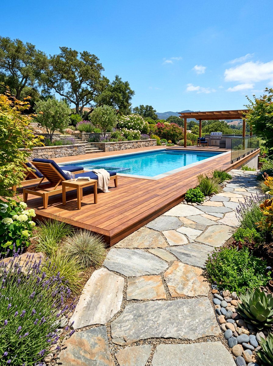 Stone And Wood Decking - 30 stock tank pool deck ideas