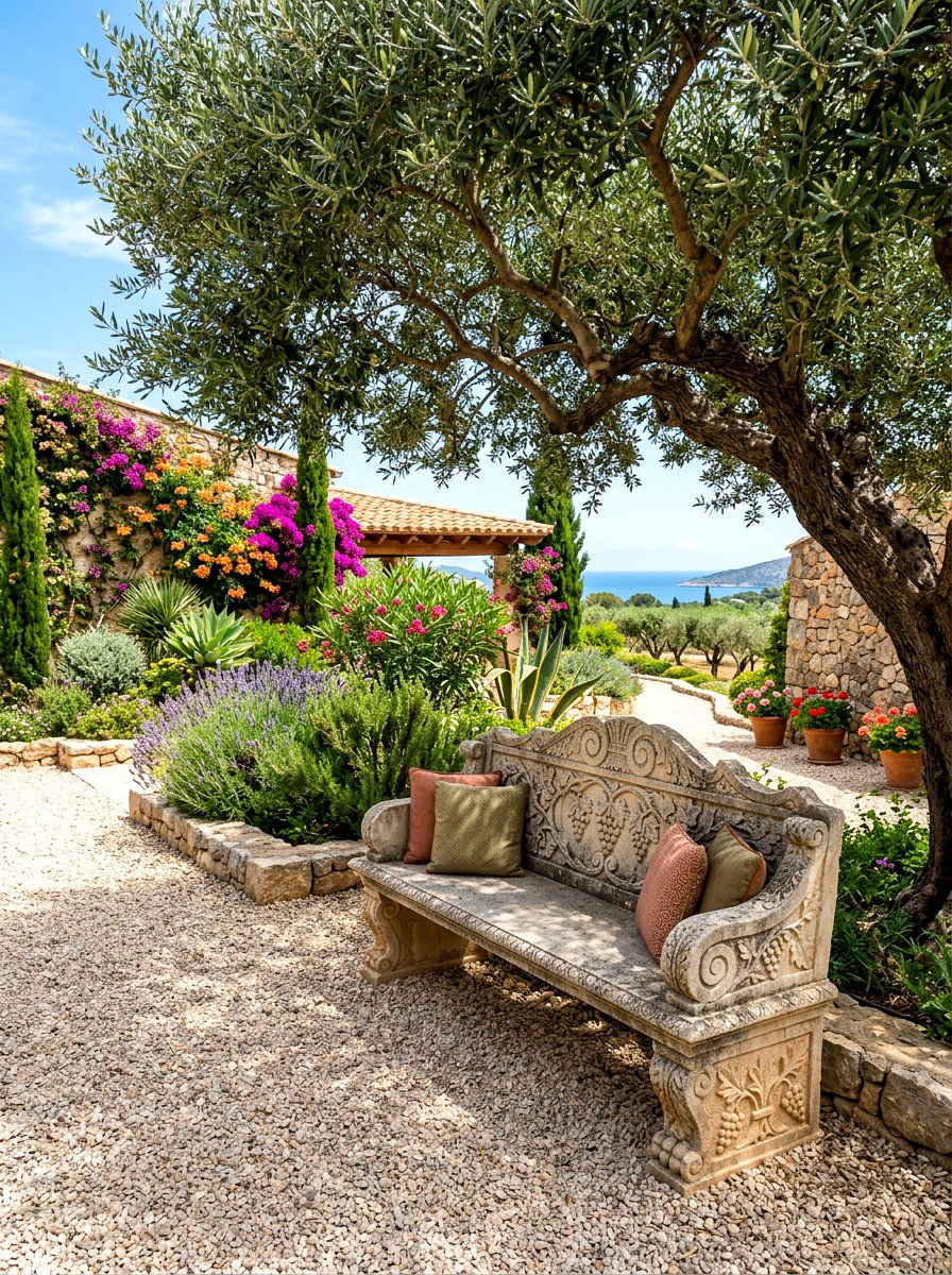 Stone Bench Seating Area - 30 Mediterranean garden ideas