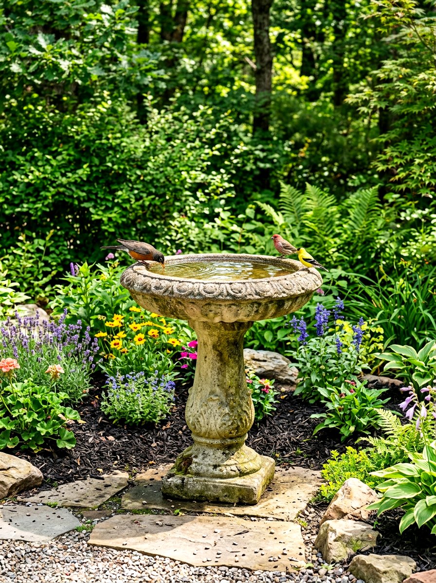 Stone Bird Bath - 30 low maintenance curb appeal ideas