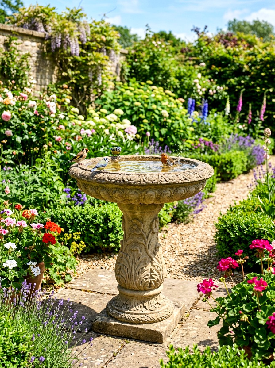 Stone Bird Bath - 30 sensory backyard garden ideas