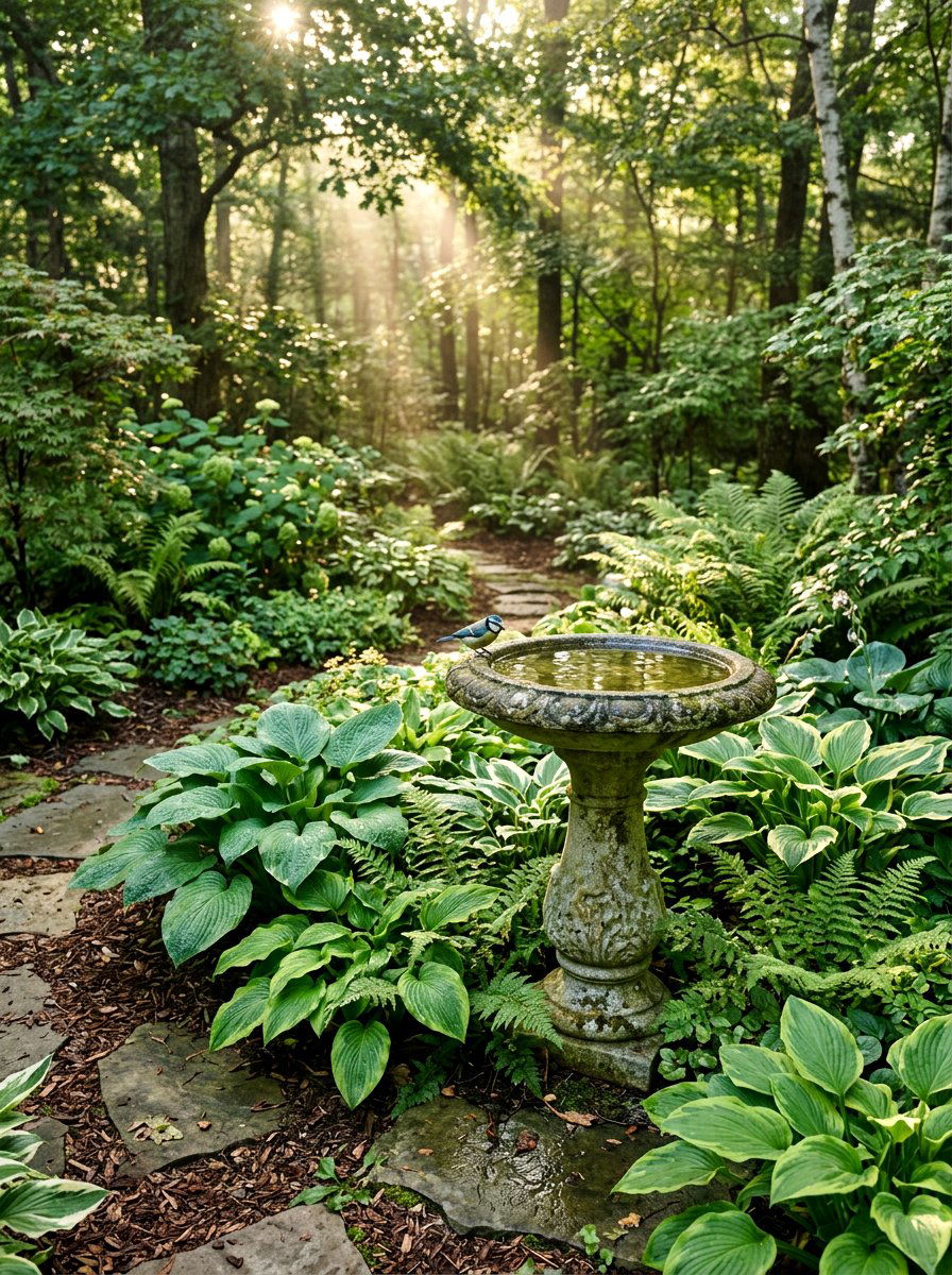 Stone Birdbath Area - 30 woodland shade garden ideas