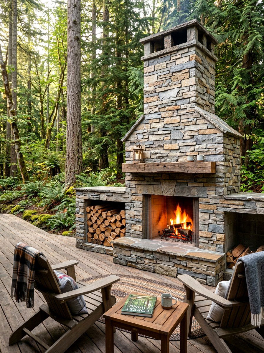 Stone Clad Outdoor Fireplace With Wood Storage - 30 modern outdoor fireplace ideas