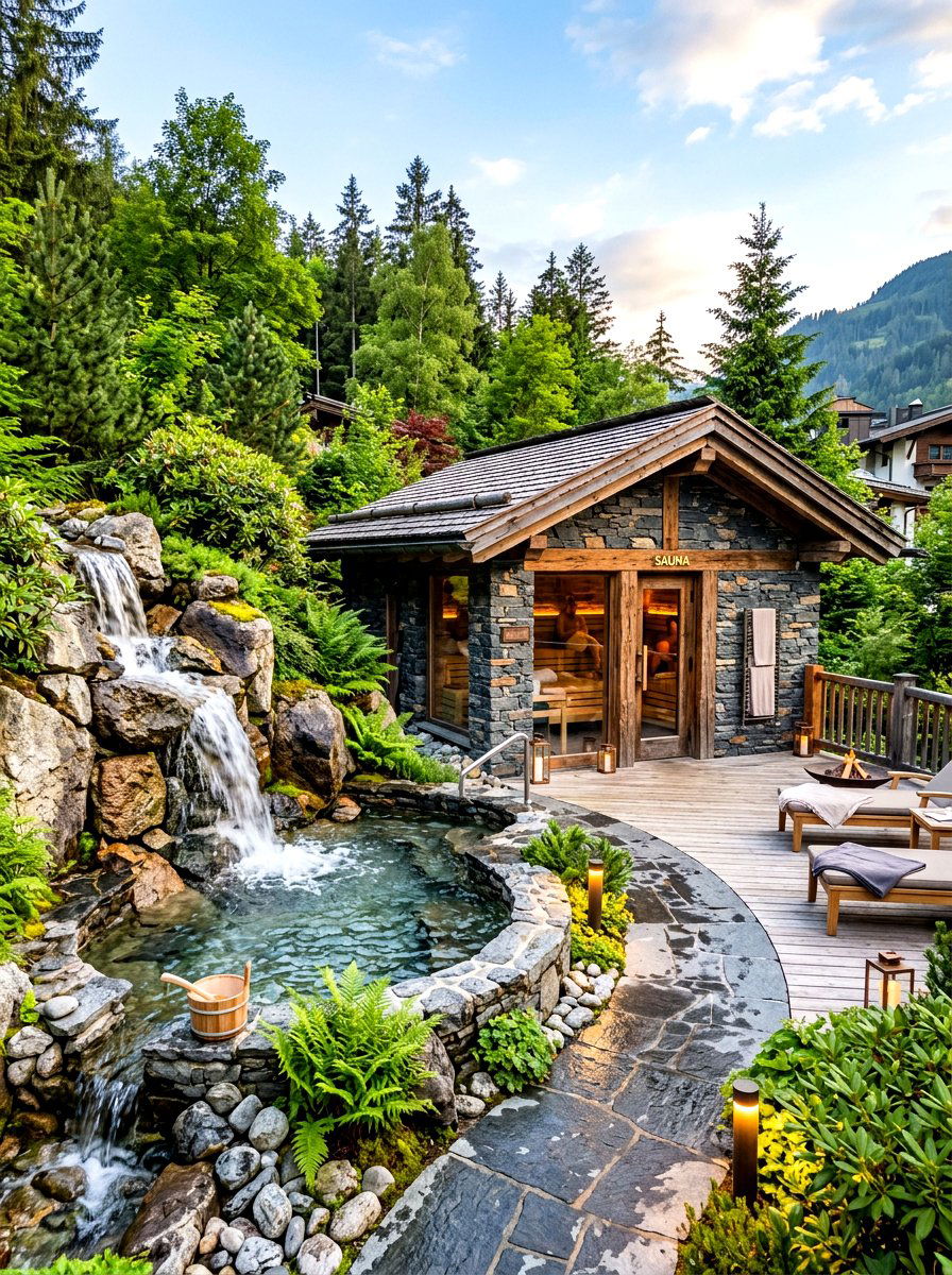 Stone Clad Sauna Waterfall - 30 sauna patio retreat ideas