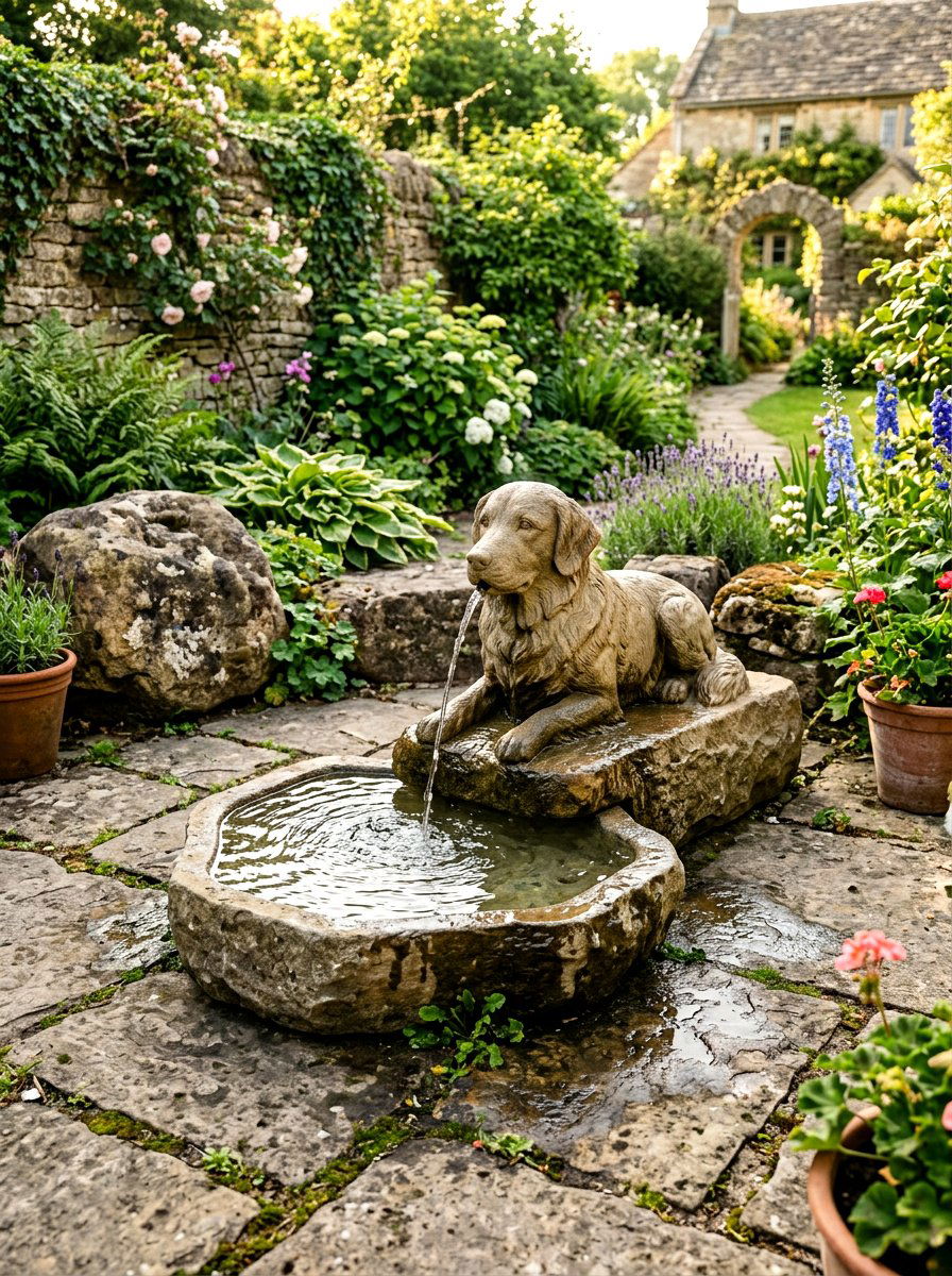 Stone Dog Fountain - 30 dog friendly patio ideas aesthetic