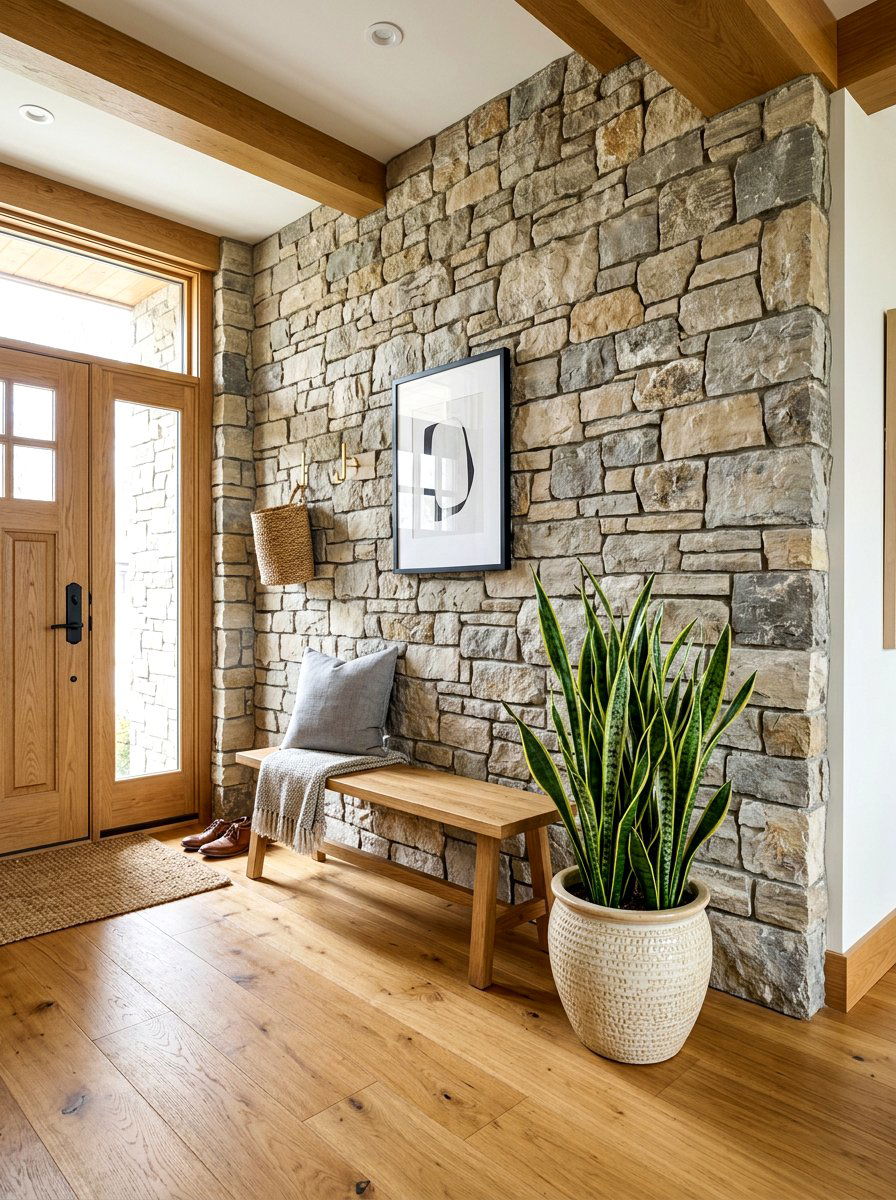 Stone Feature Wall Entryway - 30 biophilic interior design ideas