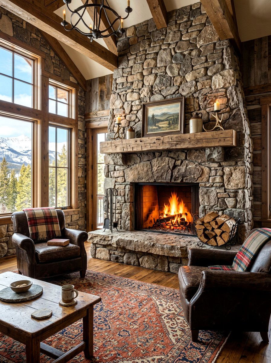 Stone Fireplace - 30 ski lodge holiday decor ideas