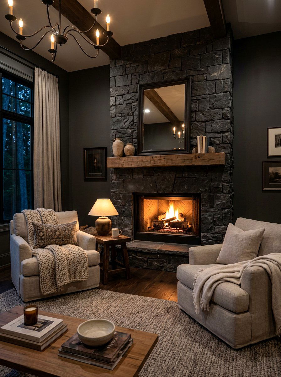 Stone Fireplace Dark Living Room - 30 moody lounge room ideas