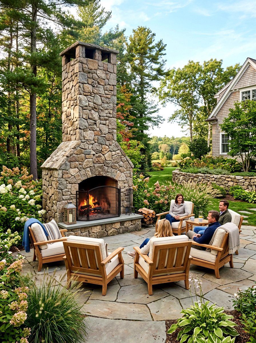 Stone Fireplace Gathering Spot - 30 backyard entertaining zone ideas
