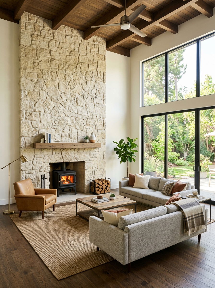 Stone Fireplace Living Room - 30 organic modern living space ideas
