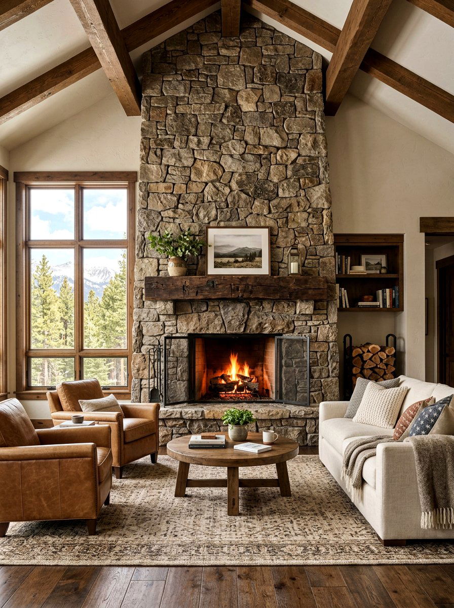 Stone Fireplace Living Room - 30 rustic farmhouse living room ideas