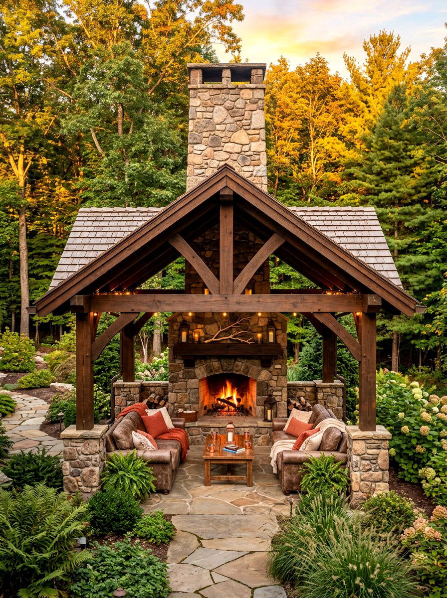 Stone Fireplace Pavilion - 30 rustic pavilion ideas