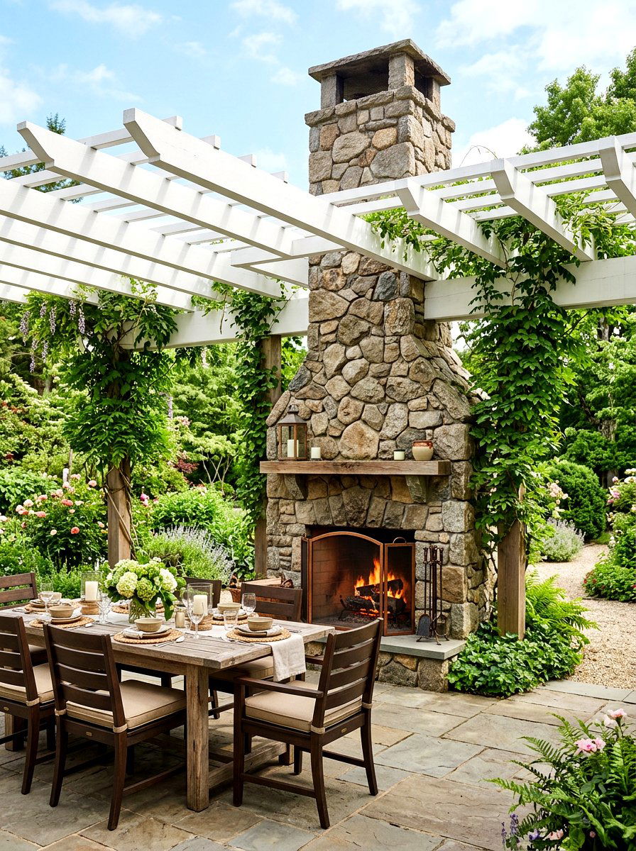 Stone Fireplace Under Pergola - 30 stone outdoor fireplace ideas
