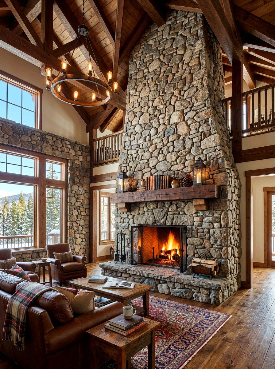 Stone Fireplace With Timber - 30 traditional fireplace mantel ideas