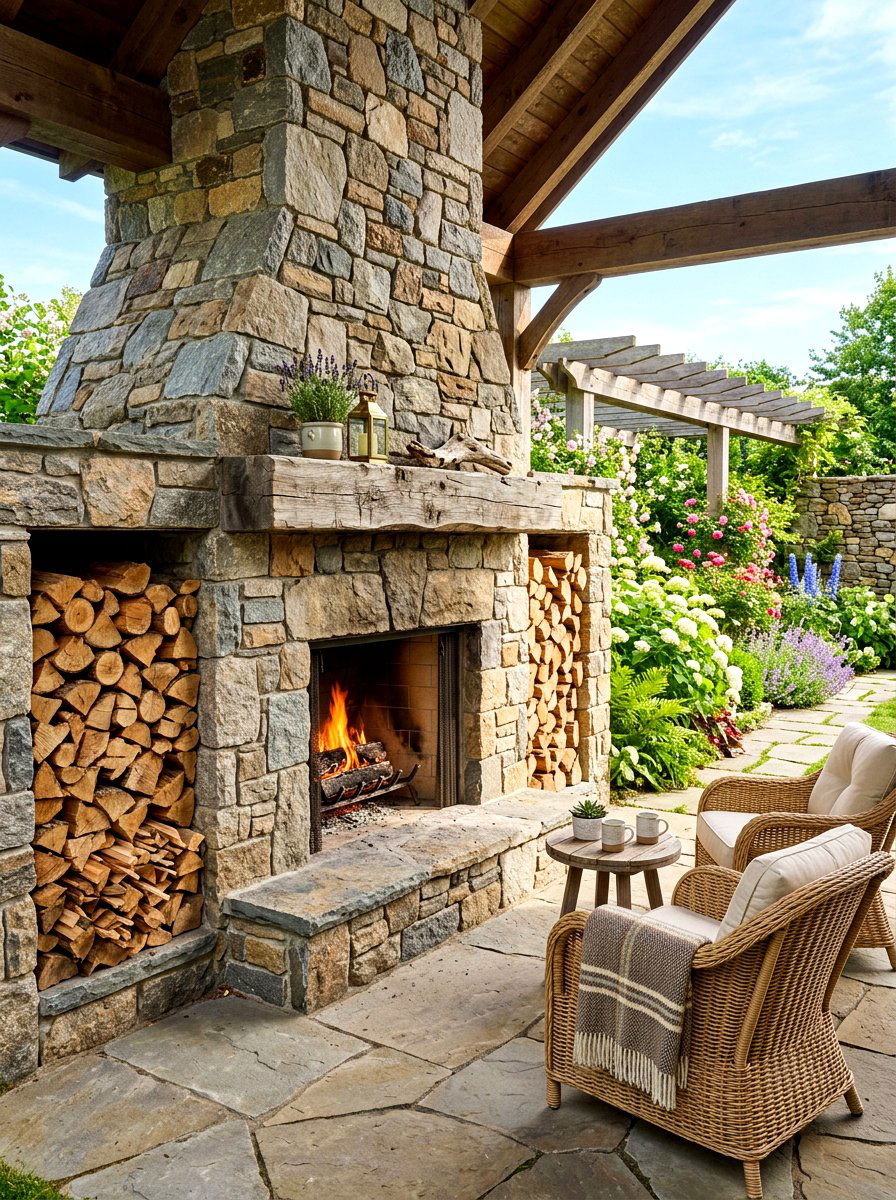 Stone Fireplace With Wood Storage - 30 stone outdoor fireplace ideas