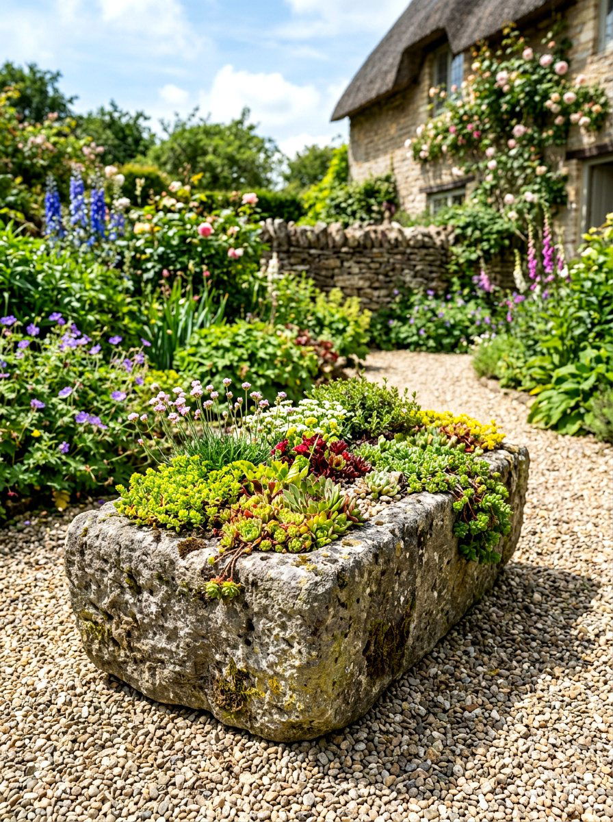 Stone Garden Trough - 30 rustic planter ideas