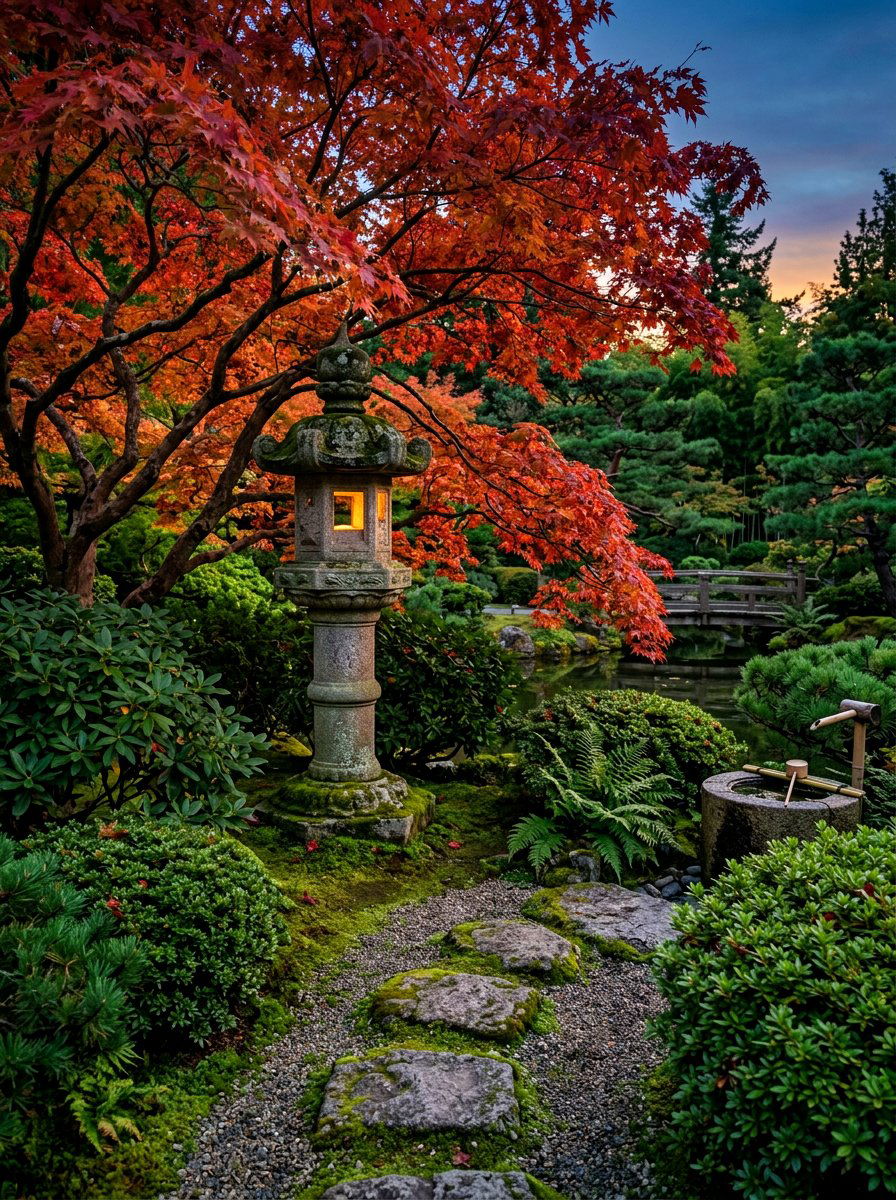 Stone Lantern Maple Setting - 30 Japanese maple garden ideas