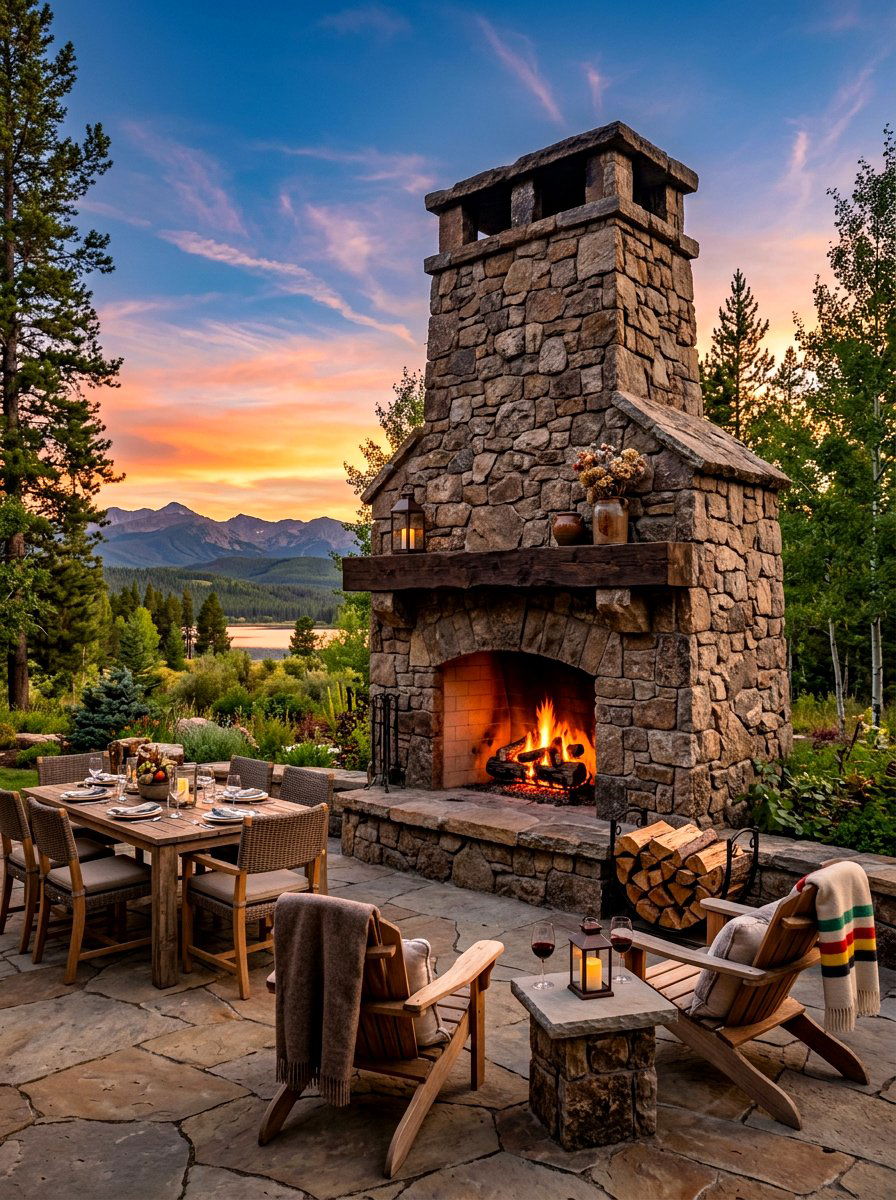 Stone Outdoor Fireplace - 30 Nancy Meyers outdoor dining ideas