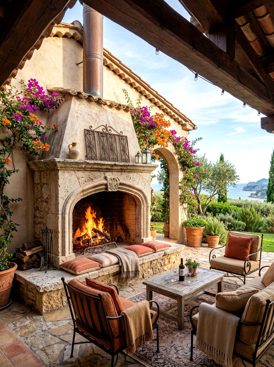 Stone Outdoor Fireplace - 30 Mediterranean backyard lounge ideas