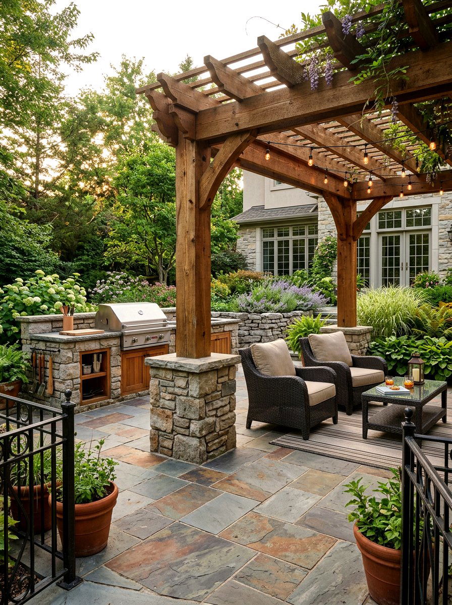 Stone Patio Pergola - 30 outdoor breakfast pergola ideas